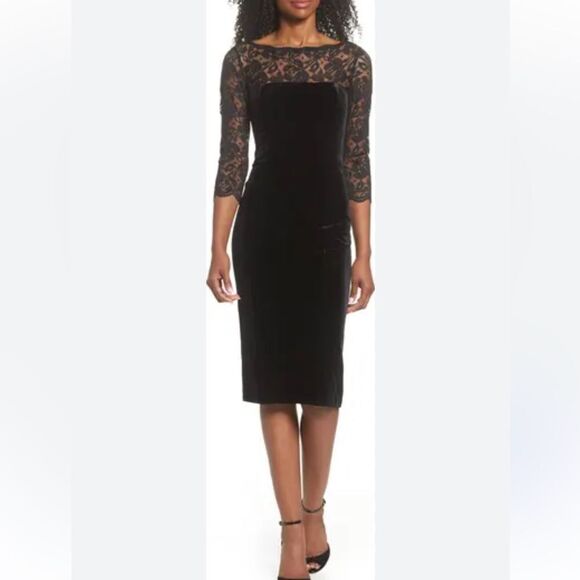 Eliza J Dresses & Skirts - Eliza J lace & velvet sheath black midi dress 3/4 sleeves fully lined‎ sz 8